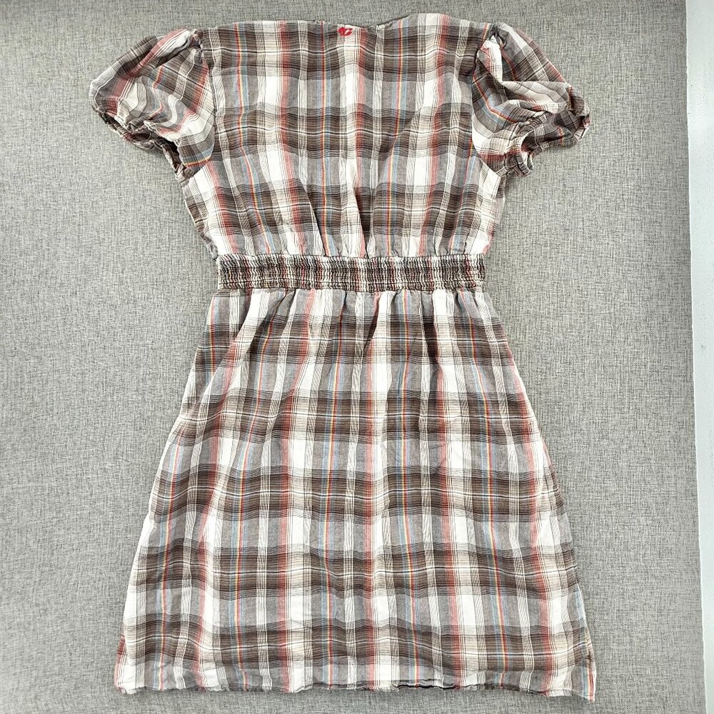 Billabong Vintage Plaid Dress Lined Low V-Neck Short Sleeve 100% Cotton Large - Picture 11 of 14
